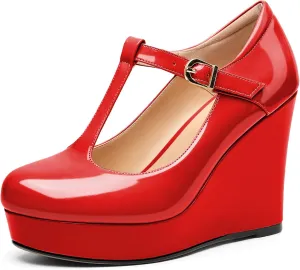 Soireelady Women's Wedges Heel Pumps Closed Round Toe Platform Heels T-Strap Buckle Wedges Platform High Heel Pump Shoes Dress Wedding Party Pumps 4Inch