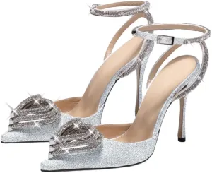 Stilleto Heels Rhinestone Ankle Strap Pointy Toe Wedding Sparkly Crystal Hearts Party Silver Glitter High Heels Size 7