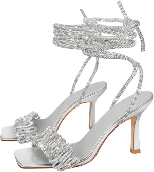 VERISSON Women's Sparkling Twist Rhinestone Band Stiletto Sandals Square Toe Open-back Wrapped Crystal Lace up Wedding Shoes