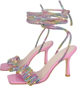 VERISSON Women's Sparkling Twist Rhinestone Band Stiletto Sandals Square Toe Open-back Wrapped Crystal Lace up Wedding Shoes
