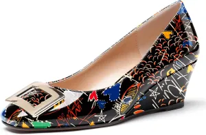 WAYDERNS Women's Patent Gold Metal Buckle Square Toe Slip On Wedge Low Heel Pumps Evening Dress Shoes 2 Inch