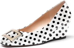 WAYDERNS Women's Patent Gold Metal Buckle Square Toe Slip On Wedge Low Heel Pumps Evening Dress Shoes 2 Inch