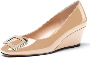 WAYDERNS Women's Patent Gold Metal Buckle Square Toe Slip On Wedge Low Heel Pumps Evening Dress Shoes 2 Inch