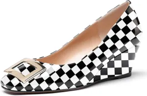 WAYDERNS Women's Patent Gold Metal Buckle Square Toe Slip On Wedge Low Heel Pumps Evening Dress Shoes 2 Inch