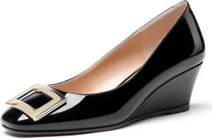 WAYDERNS Women's Patent Gold Metal Buckle Square Toe Slip On Wedge Low Heel Pumps Evening Dress Shoes 2 Inch