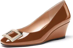 WAYDERNS Women's Patent Gold Metal Buckle Square Toe Slip On Wedge Low Heel Pumps Evening Dress Shoes 2 Inch