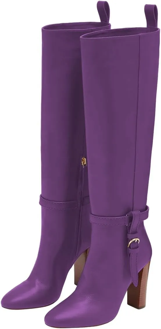 Women Round Toe Side Zipper Knee High Boots Chunky High Heel Ladies Winter Fashion Long Boots Size 4-16 US