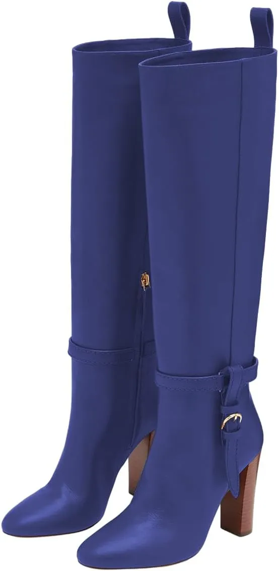 Women Round Toe Side Zipper Knee High Boots Chunky High Heel Ladies Winter Fashion Long Boots Size 4-16 US