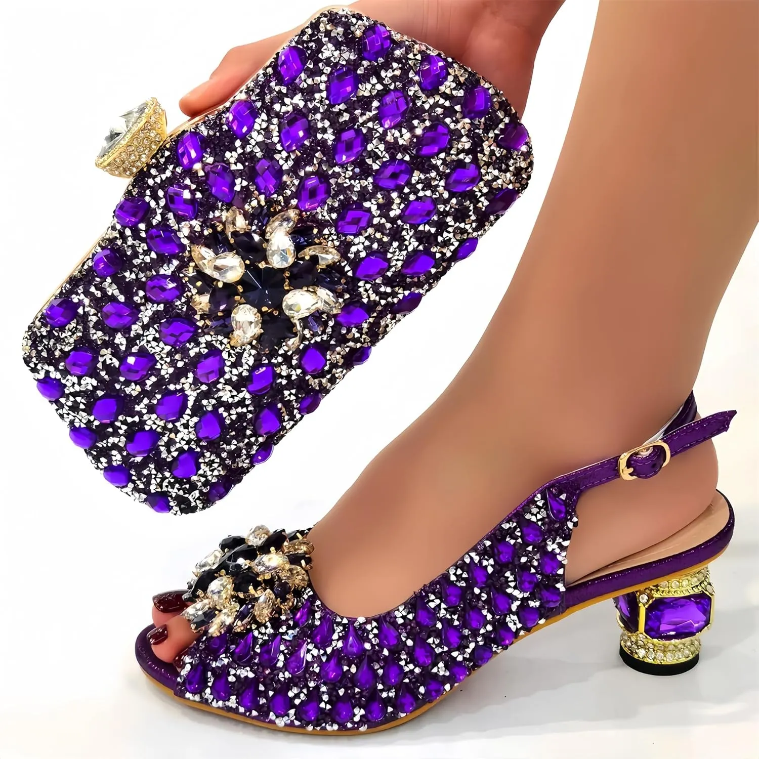 Women Shoes and Bag Set for Evening Party Wedding Italian Style High Heels African Decorated with Rhinestone