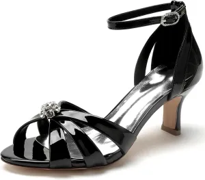 Women's Bridal Sandals Peep Toe Kitten Heel Pumps Crystal Patent Leather Ankle Strap Evening Party Prom Wedding Dress Shoes