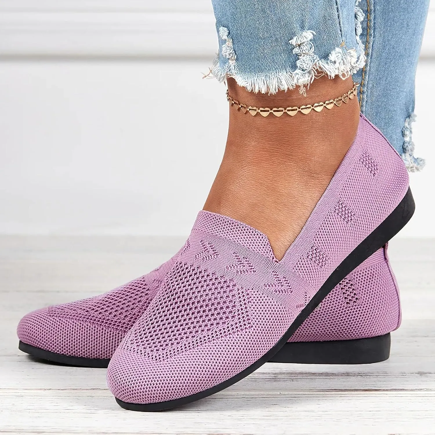 Women's Casual Mesh Slip-On Wide Flat Round Toe Air Cushioned Black Running Tennis Walking Shoes