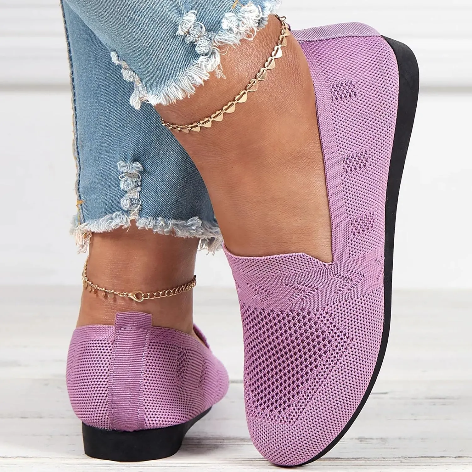 Women's Casual Mesh Slip-On Wide Flat Round Toe Air Cushioned Black Running Tennis Walking Shoes
