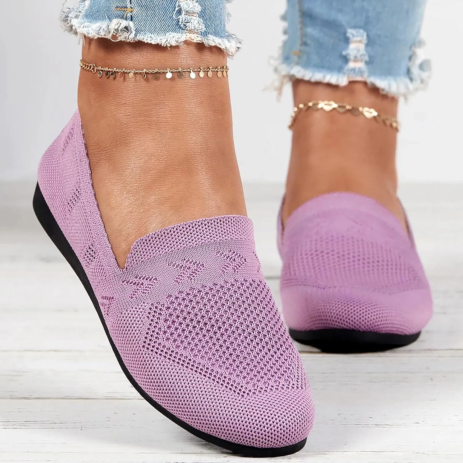 Women's Casual Mesh Slip-On Wide Flat Round Toe Air Cushioned Black Running Tennis Walking Shoes