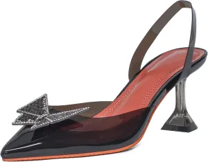 Womens Clear Slingback Pointed Toe Heeled Sandals Sparkling Crystal Butterfly Buckle Stiletto Heels Stylish Dress Shoes