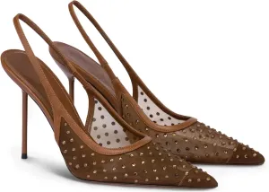 Womens Crystal Pumps Studded Slingback Mesh Slip On Stiletto High Heels Closed Pointed Toe Dress Shoes for Party Prom