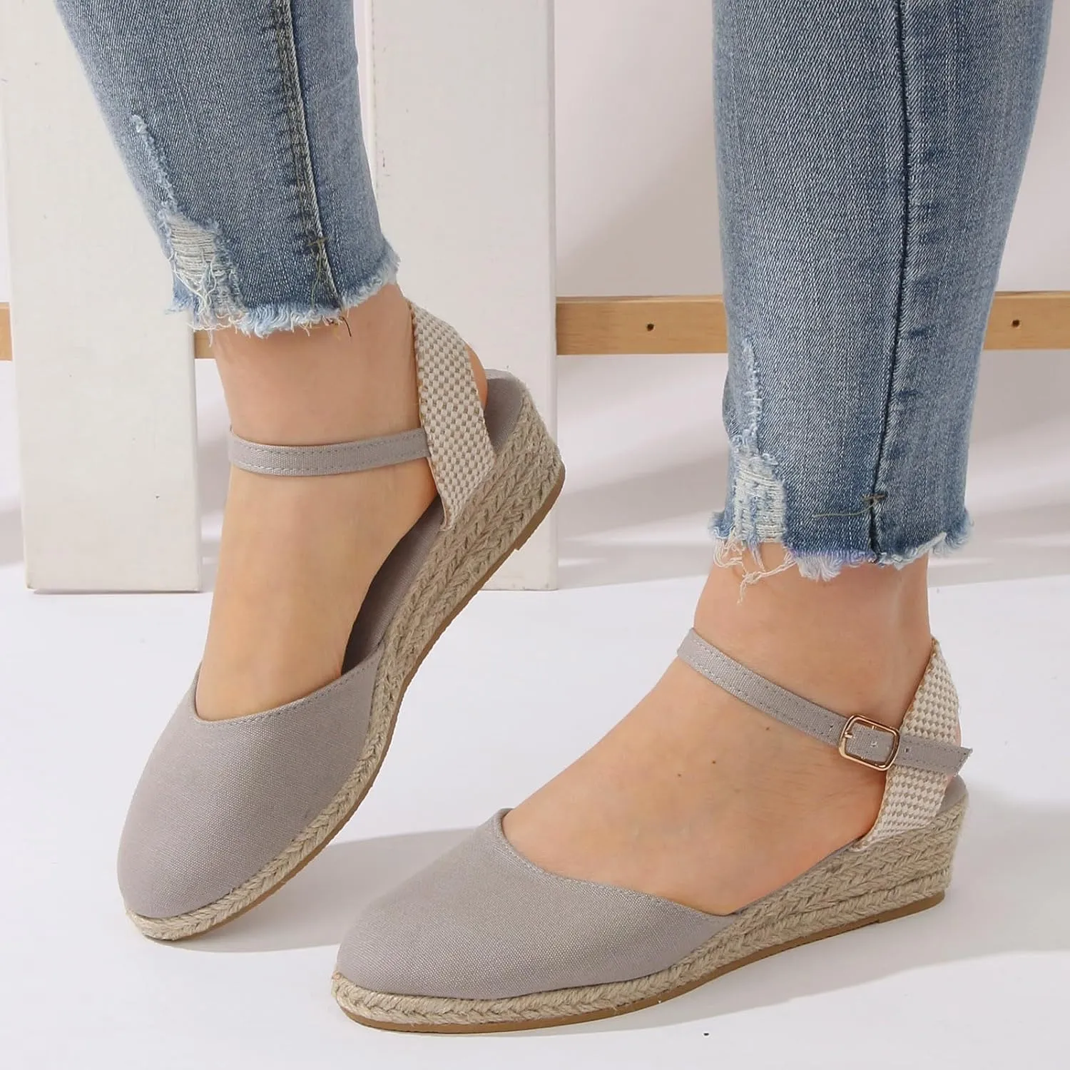 Womens Espadrilles Wedge Sandals Buckle Ankle Strap Closed Toe Classic Comfortable Platform Sandal Slip on Wedding Party Stylish Summer Dress Shoes