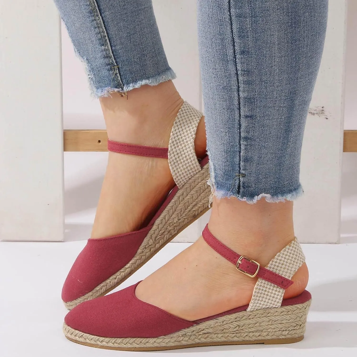 Womens Espadrilles Wedge Sandals Buckle Ankle Strap Closed Toe Classic Comfortable Platform Sandal Slip on Wedding Party Stylish Summer Dress Shoes