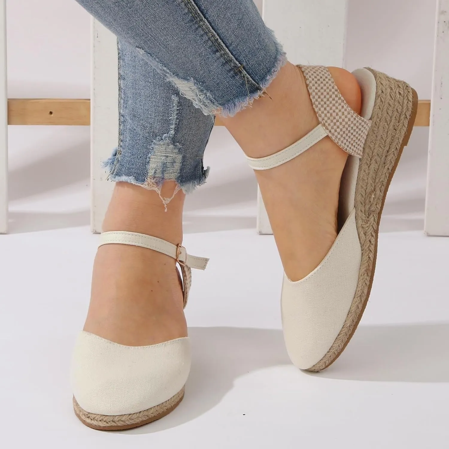 Womens Espadrilles Wedge Sandals Buckle Ankle Strap Closed Toe Classic Comfortable Platform Sandal Slip on Wedding Party Stylish Summer Dress Shoes