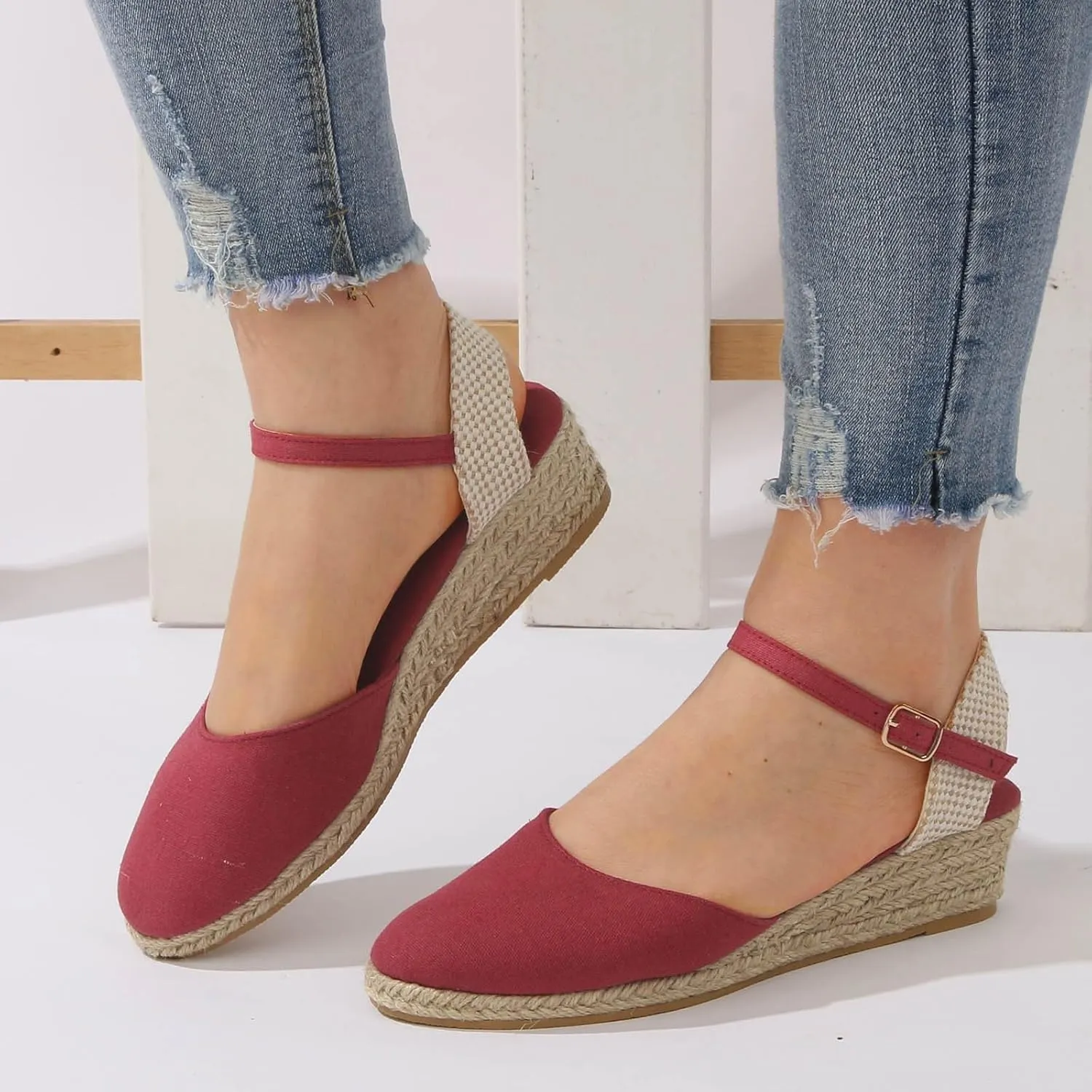 Womens Espadrilles Wedge Sandals Buckle Ankle Strap Closed Toe Classic Comfortable Platform Sandal Slip on Wedding Party Stylish Summer Dress Shoes