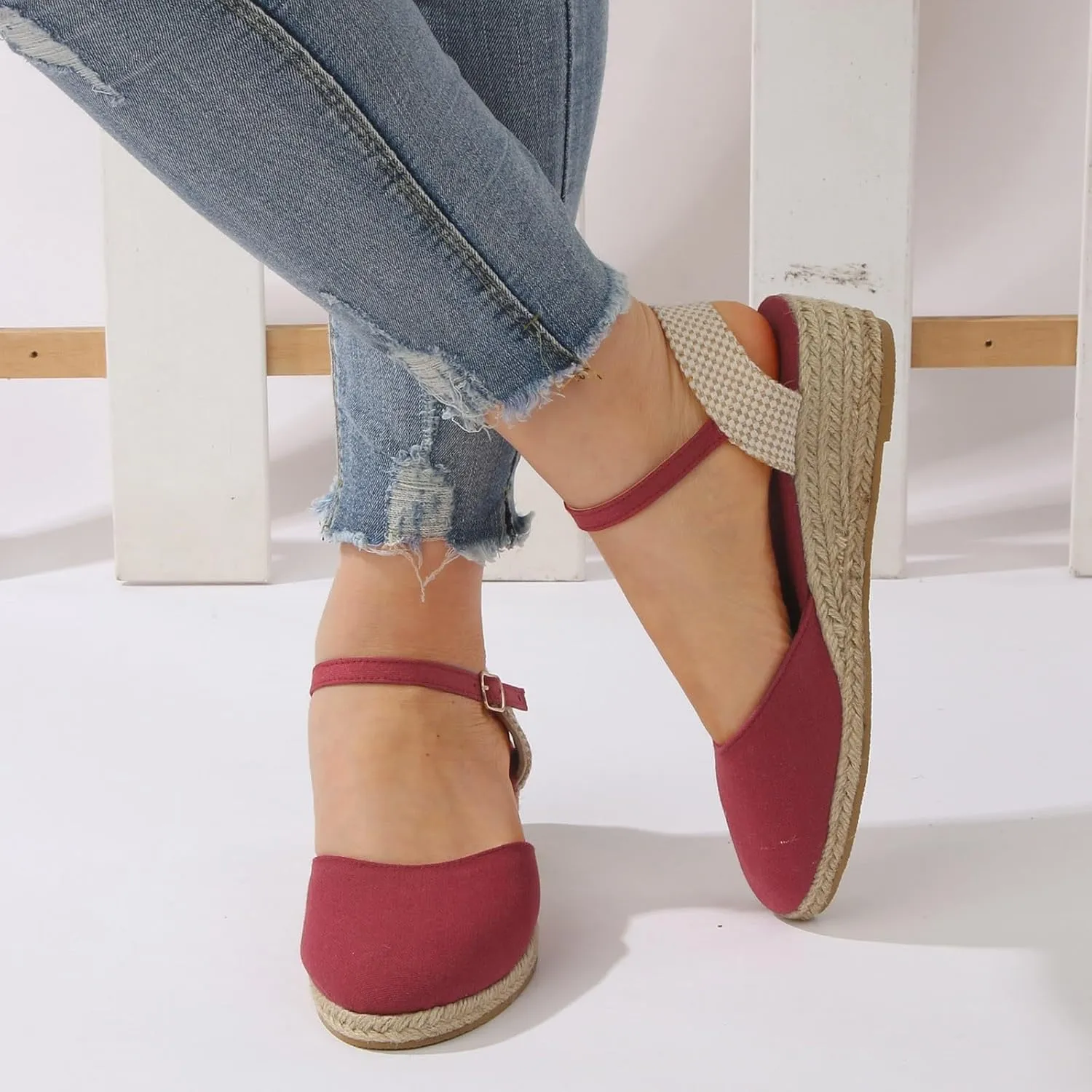 Womens Espadrilles Wedge Sandals Buckle Ankle Strap Closed Toe Classic Comfortable Platform Sandal Slip on Wedding Party Stylish Summer Dress Shoes