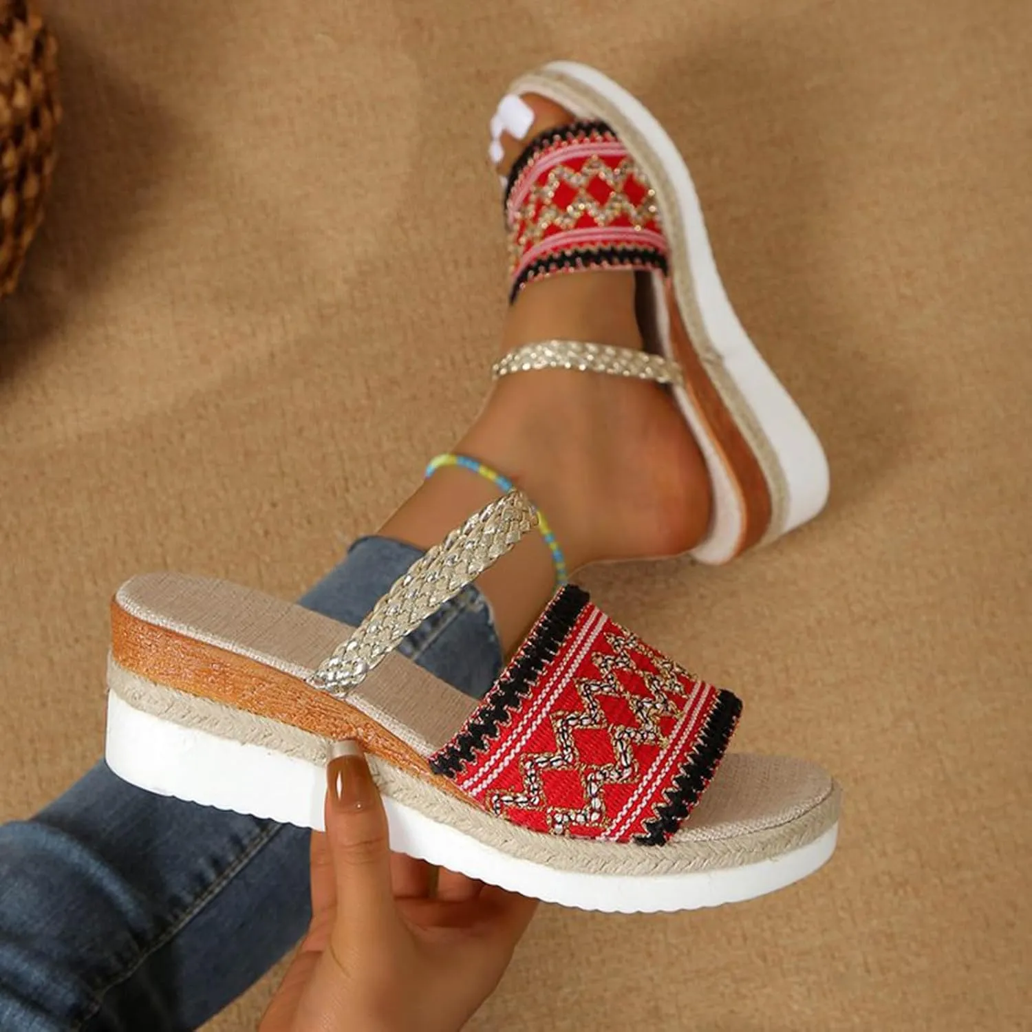 Women's Espadrilles Wedge Sandals Open Toe Slip on Vintage Comfortable Platform Sandal Wide Width Stretch Textile Stylish Summer Dress Shoes