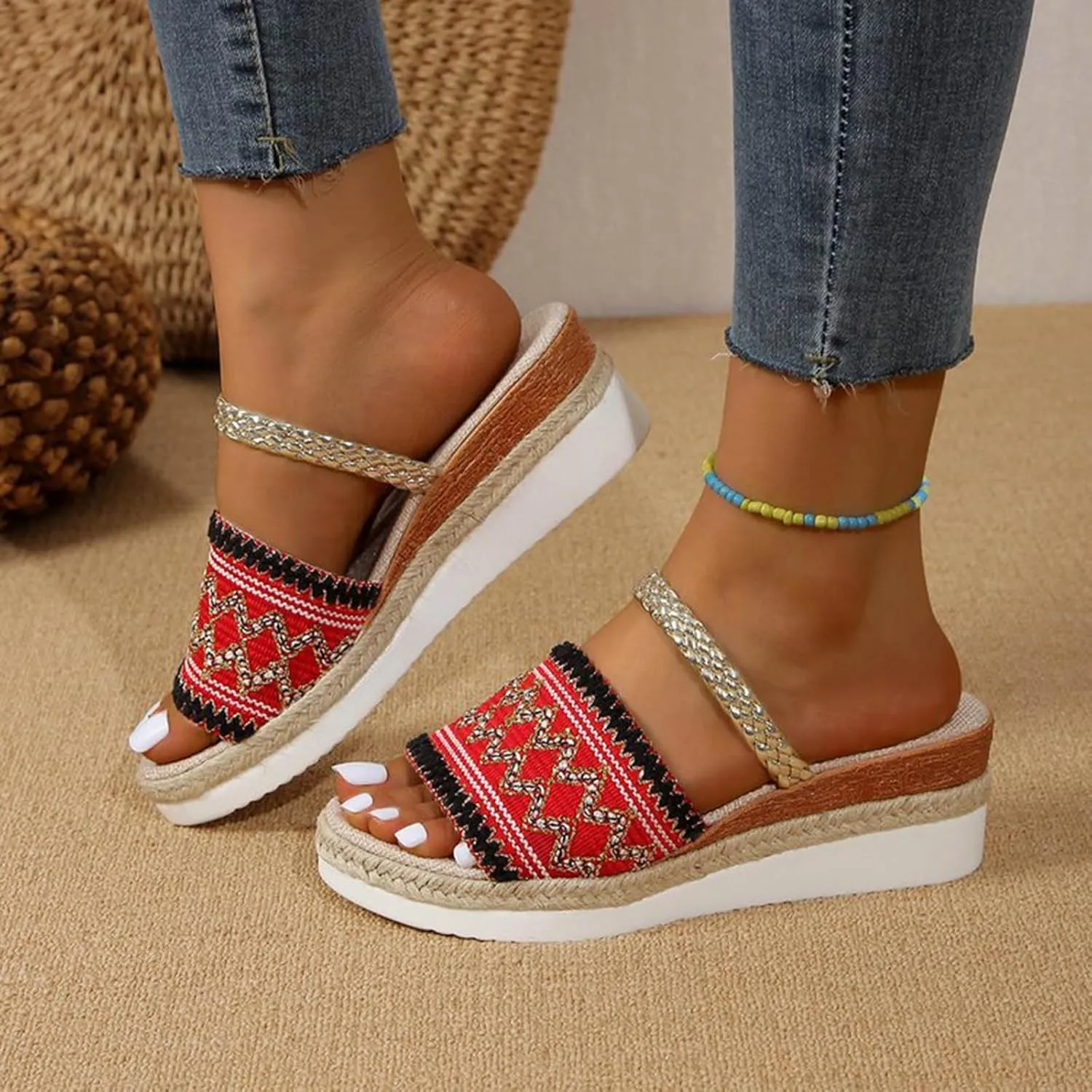 Women's Espadrilles Wedge Sandals Open Toe Slip on Vintage Comfortable Platform Sandal Wide Width Stretch Textile Stylish Summer Dress Shoes