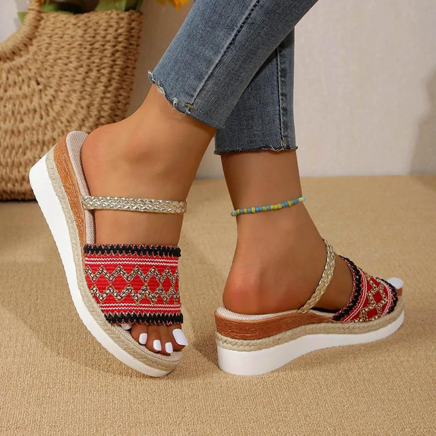 Women's Espadrilles Wedge Sandals Open Toe Slip on Vintage Comfortable Platform Sandal Wide Width Stretch Textile Stylish Summer Dress Shoes