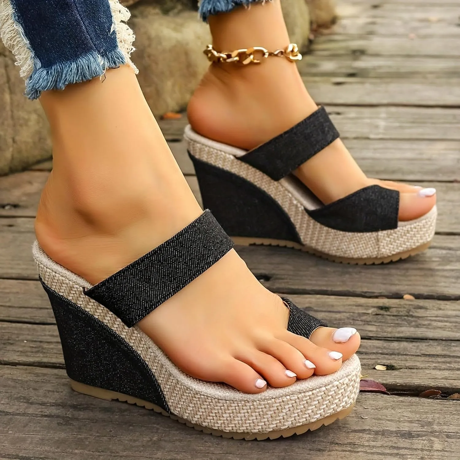 Women's Espadrilles Wedge Sandals Slip on Open Toe Classic Comfy Platform Sandals Wide Width Stretch Textile Stylish Summer Dress Shoes