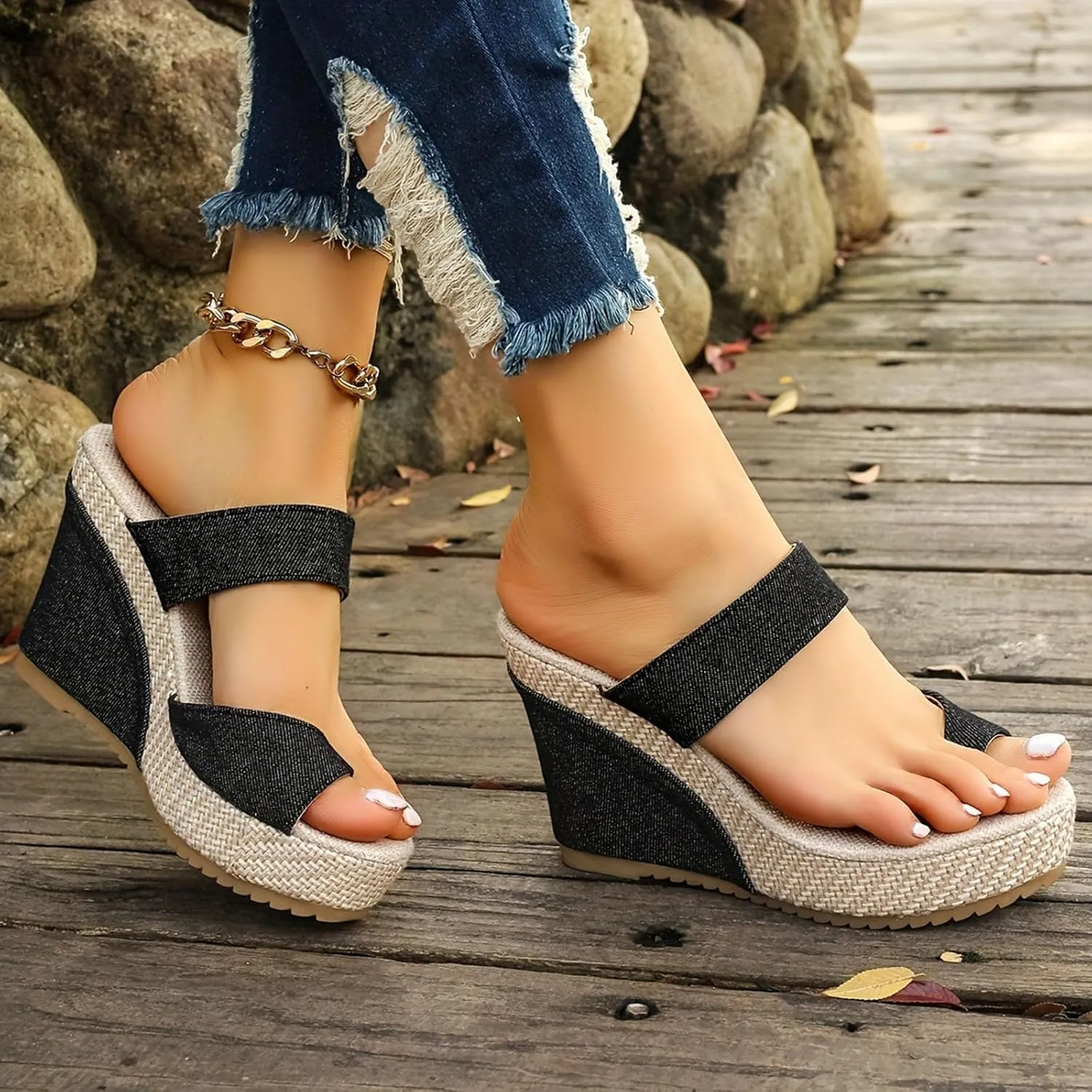 Women's Espadrilles Wedge Sandals Slip on Open Toe Classic Comfy Platform Sandals Wide Width Stretch Textile Stylish Summer Dress Shoes