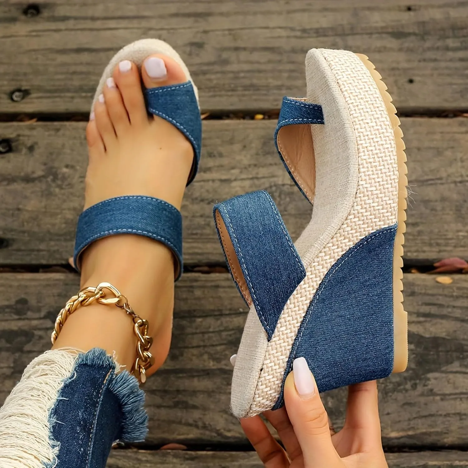Women's Espadrilles Wedge Sandals Slip on Open Toe Classic Comfy Platform Sandals Wide Width Stretch Textile Stylish Summer Dress Shoes