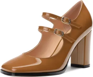 Women's High Heel Mary Jane Single Shoes, Chunky Heel Square Toe Pumps for Women, Closed Toe Work Party Dress Shoes