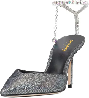 XYD Women Chic Stiletto Heels Pumps Sparkle Crystal Chain Ankle Strap Closed Pointed Toe Sandals Shoes for Bridal Party Evening