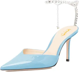 XYD Women Chic Stiletto Heels Pumps Sparkle Crystal Chain Ankle Strap Closed Pointed Toe Sandals Shoes for Bridal Party Evening