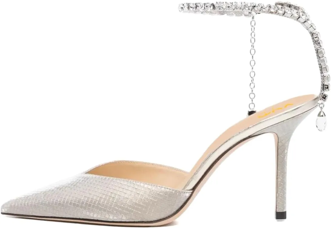 XYD Women Chic Stiletto Heels Pumps Sparkle Crystal Chain Ankle Strap Closed Pointed Toe Sandals Shoes for Bridal Party Evening