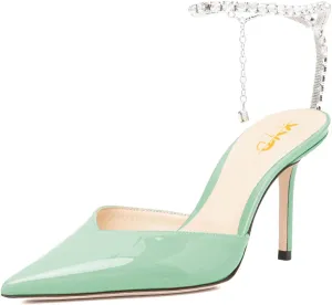 XYD Women Chic Stiletto Heels Pumps Sparkle Crystal Chain Ankle Strap Closed Pointed Toe Sandals Shoes for Bridal Party Evening