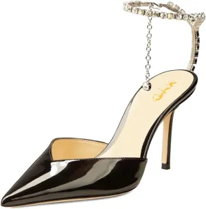 XYD Women Chic Stiletto Heels Pumps Sparkle Crystal Chain Ankle Strap Closed Pointed Toe Sandals Shoes for Bridal Party Evening