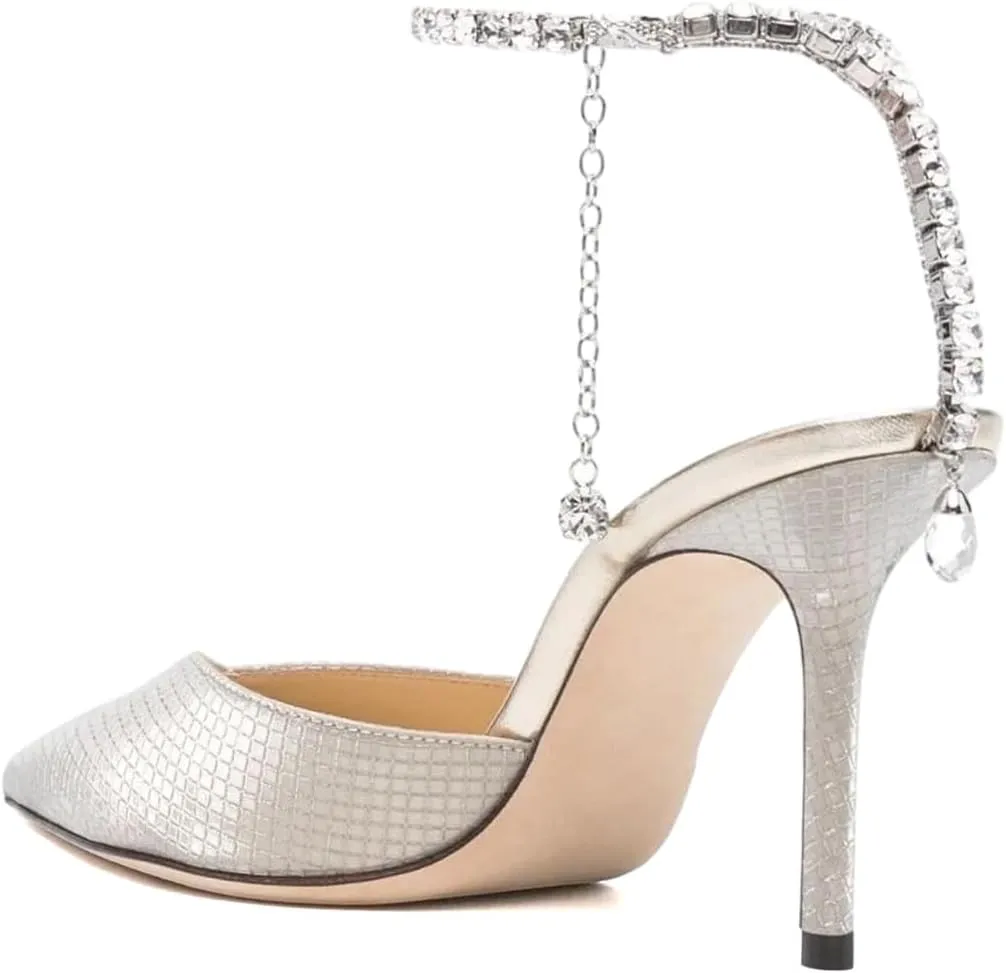 XYD Women Chic Stiletto Heels Pumps Sparkle Crystal Chain Ankle Strap Closed Pointed Toe Sandals Shoes for Bridal Party Evening
