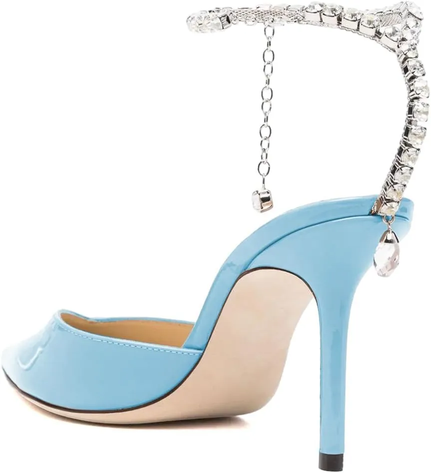 XYD Women Chic Stiletto Heels Pumps Sparkle Crystal Chain Ankle Strap Closed Pointed Toe Sandals Shoes for Bridal Party Evening