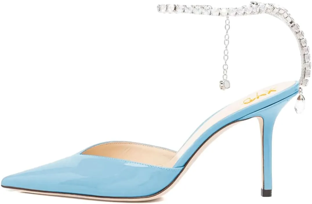 XYD Women Chic Stiletto Heels Pumps Sparkle Crystal Chain Ankle Strap Closed Pointed Toe Sandals Shoes for Bridal Party Evening