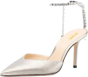 XYD Women Chic Stiletto Heels Pumps Sparkle Crystal Chain Ankle Strap Closed Pointed Toe Sandals Shoes for Bridal Party Evening