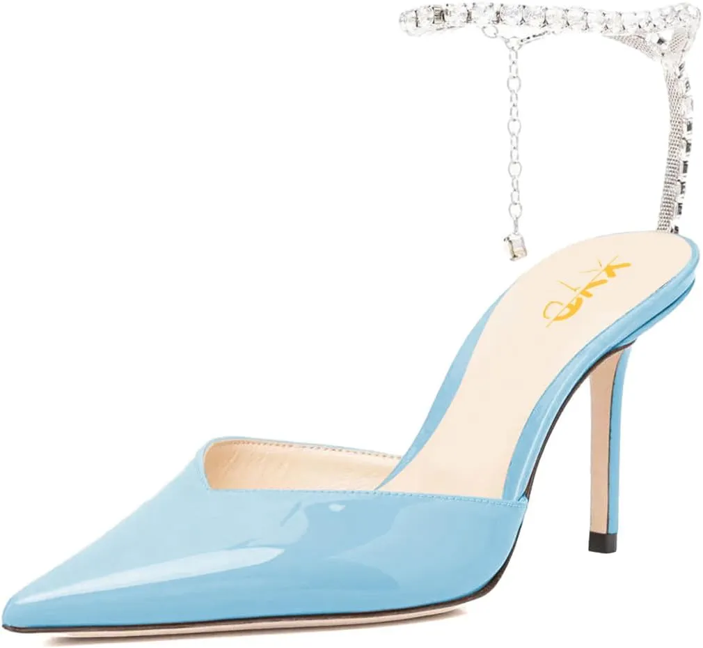 XYD Women Chic Stiletto Heels Pumps Sparkle Crystal Chain Ankle Strap Closed Pointed Toe Sandals Shoes for Bridal Party Evening