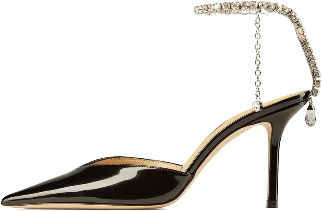 XYD Women Chic Stiletto Heels Pumps Sparkle Crystal Chain Ankle Strap Closed Pointed Toe Sandals Shoes for Bridal Party Evening