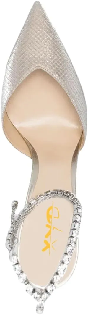 XYD Women Chic Stiletto Heels Pumps Sparkle Crystal Chain Ankle Strap Closed Pointed Toe Sandals Shoes for Bridal Party Evening