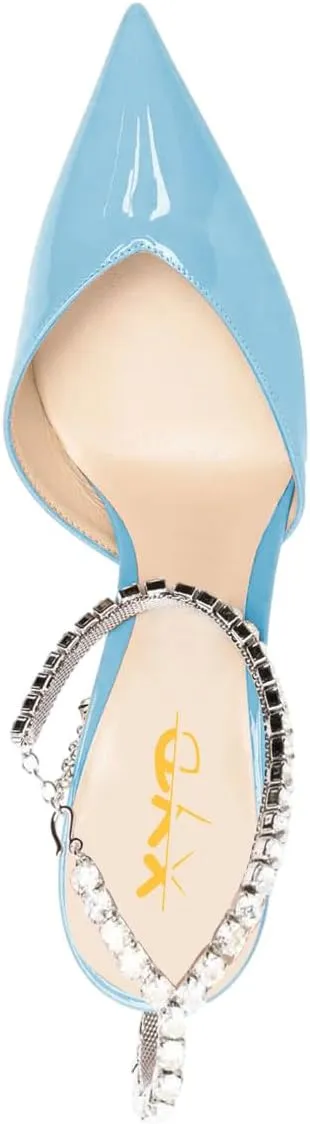 XYD Women Chic Stiletto Heels Pumps Sparkle Crystal Chain Ankle Strap Closed Pointed Toe Sandals Shoes for Bridal Party Evening