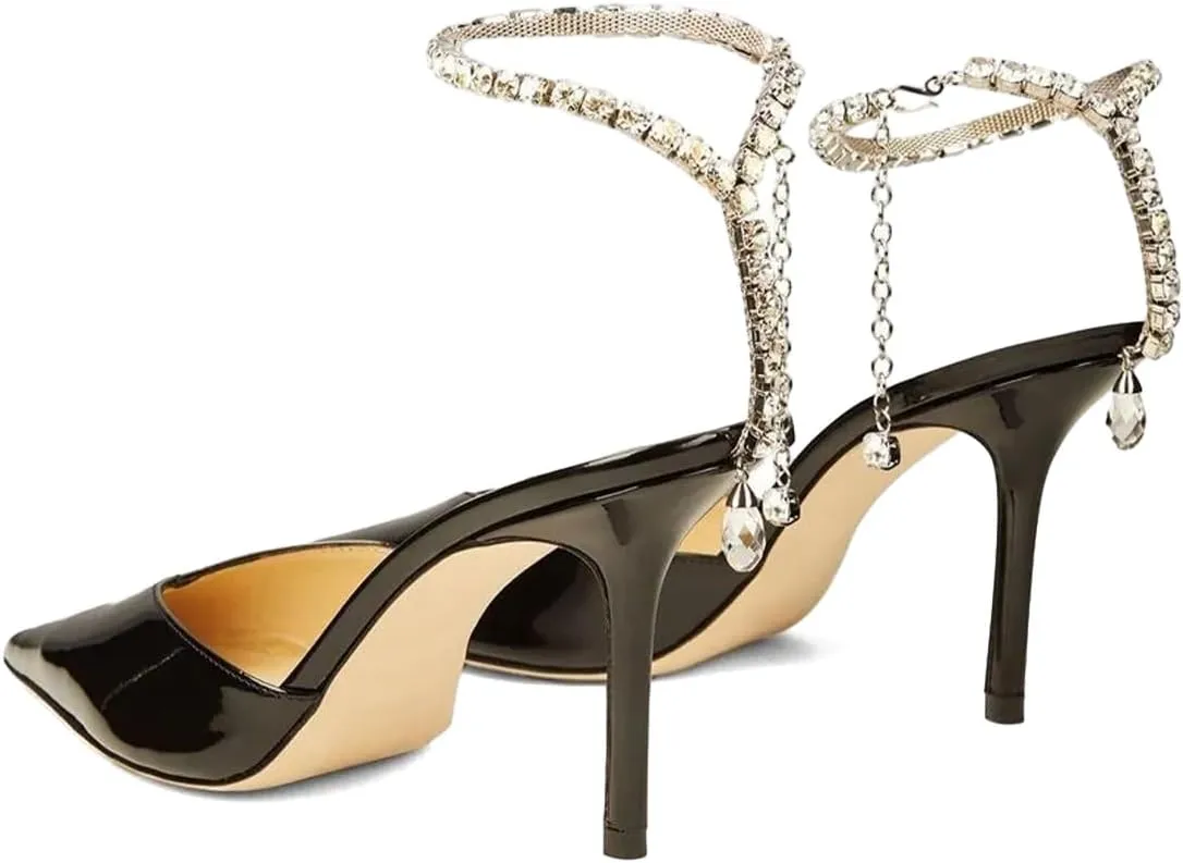 XYD Women Chic Stiletto Heels Pumps Sparkle Crystal Chain Ankle Strap Closed Pointed Toe Sandals Shoes for Bridal Party Evening