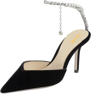 XYD Women Chic Stiletto Heels Pumps Sparkle Crystal Chain Ankle Strap Closed Pointed Toe Sandals Shoes for Bridal Party Evening